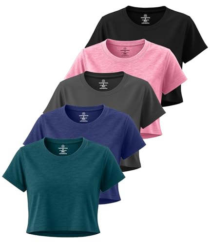 Image of Real Essentials 5 Pack: Women's Dry Fit Crop Top - Short Sleeve Crew Neck Stretch Athletic Tee (Available in Plus Size)