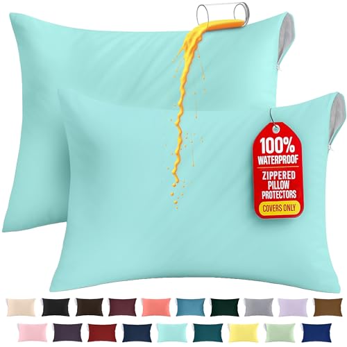 Image of Utopia Bedding Premium 100% Waterproof Pillow Protectors with Zipper King Size (Set of 2), Bed Bug and Dust Mite Proof Zippered Pillow Covers, Pillow Encasement Cases, Spa Blue