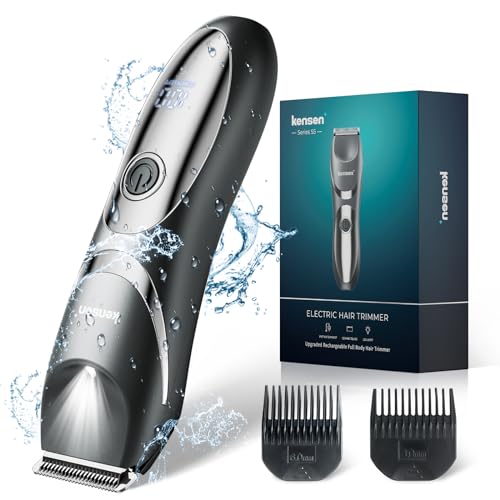 Kensen Manscape Body Hair Trimmer Men, IPX7 Waterproof Pubic Ball Trimmer with Light & Ceramic Blade, Safe Mens Body Shaver for Groin Pube Intimate, 120 Minutes Working Times Ball Body Groomer Kit