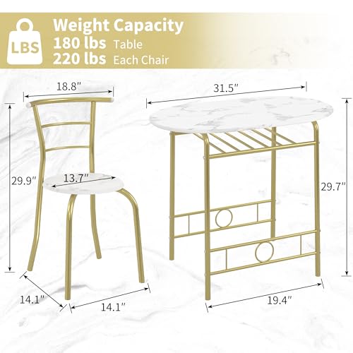 Image of VECELO 3-Piece Dining Table Set for Kitchen Breakfast Nook, Wood Grain Oval Tabletop and Metal Frame with Built-in Wine Rack, for Small Spaces, White & Gold