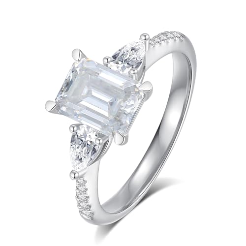 Moissanite Engagement Rings for Women,Emerald Cut D Color VVS1 Moissanite Ring,Sterling Silver Plated 18K White Gold Wedding Band Ring for Women2