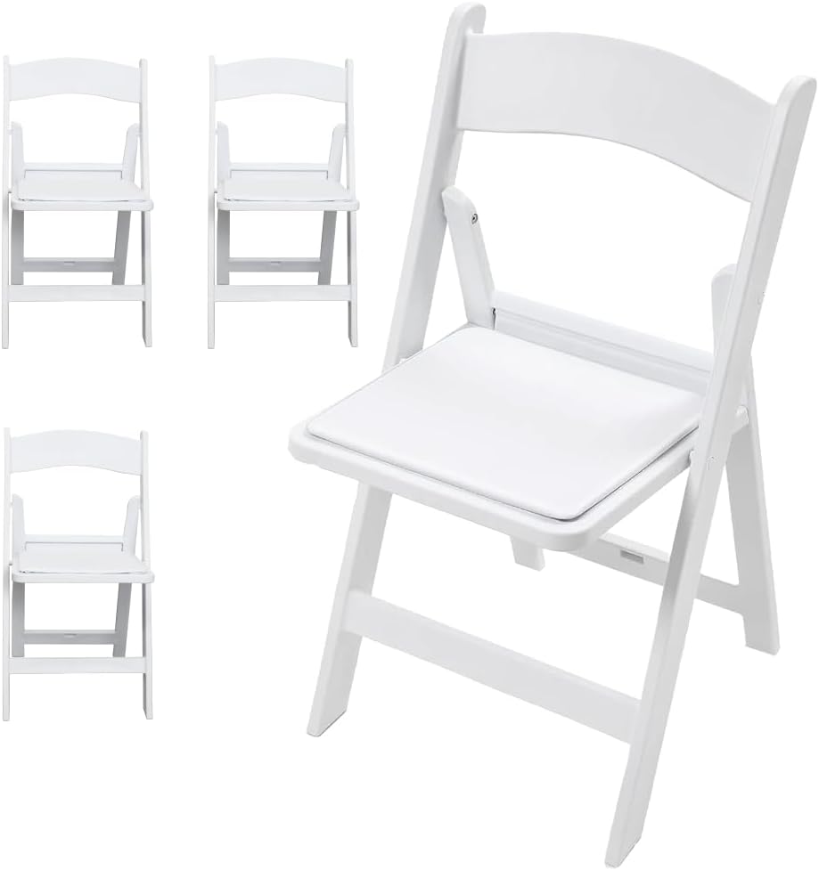 Fohfurniture Set of 4 White Folding Chairs with Vinyl Seats, Lightweight Foldable Chairs 1000LB Weight Capacity, Stackable Resin Dining Chairs for Weddings, Church, Events & Banquets
