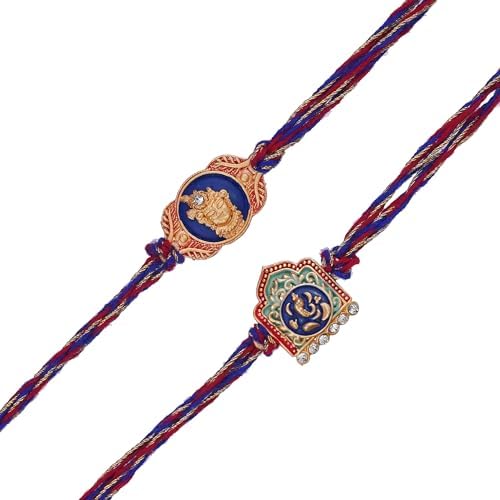 Image of eCraftIndia Unisex Adult Set Of 2 Peacock Feather And Floral Designer Rakhis For Brothers With Roli Chawal