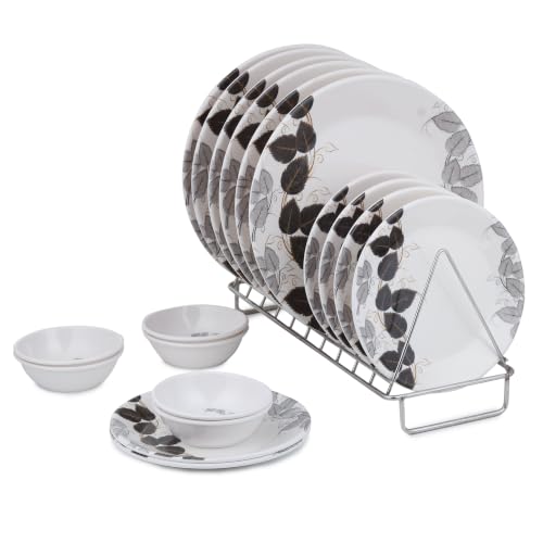 Image of Golden Fish Melamine Round Dinner Set of 18 (6 Plates + 6 Veg Bowls + 6 Half Plates) | Blue-Grey Botanical Leaf Print | Unbreakable, Dishwasher & Microwave Safe