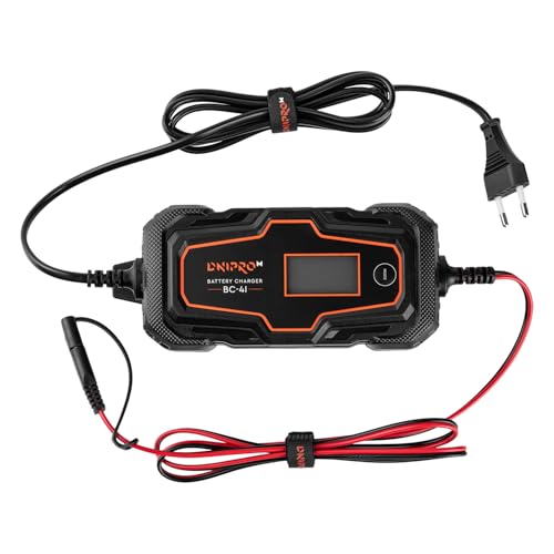 DNIPRO-M Cargador Inteligente de Batería Coche y Moto 6V/12V, 4A, Mantenedor y Recuperador para Baterías Plomo-Ácido, AGM, Gel y LiFePO4, Pantalla LCD, IP65, Función RECOND y Supply, BC-4I