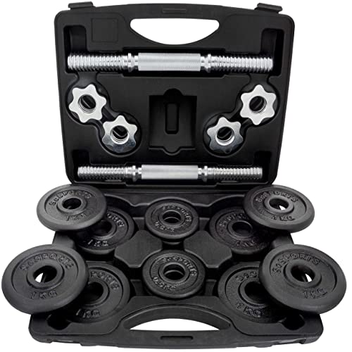 ScSPORTS® Jeu d’Haltères avec Valise - 10/15/20 kg, Chromées, Antidérapantes, Plaques en Fonte, 30/31 mm, Noir/Argenté - Set de Poids, Musculation, Gym...