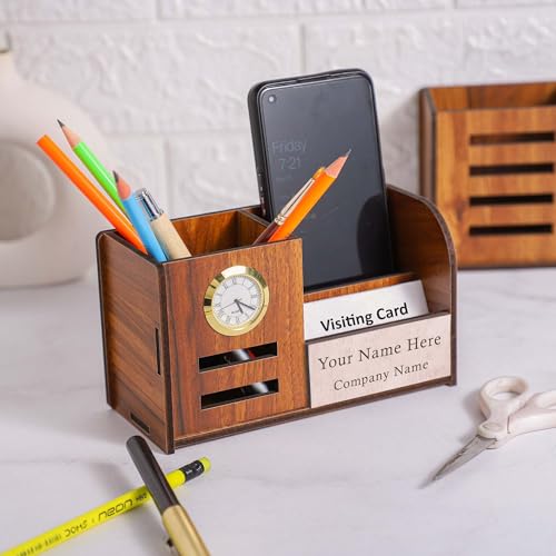 Image of Deskart Multipuropse Pen Holder Stand for Office Desk and Study Table | Multipurpose Stylish Stationary Organizer (Elite (With Clock), With Name Printing, Pen Holder)