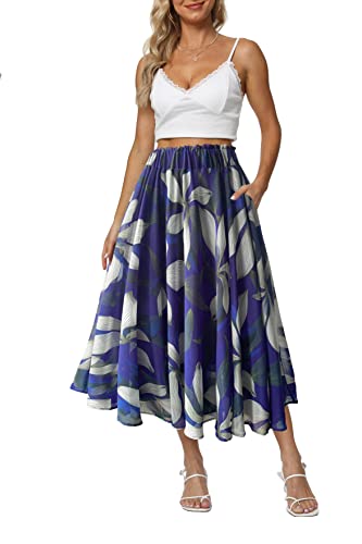 Sinono Women Elastic High Waist A Line Floral Print Swing Chiffon Beach Midi Long Skirt with Pockets(Medium, Royal Blue)4