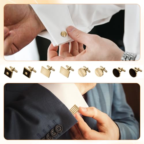 4 Pairs Cufflinks for Men Classic Tone Cuff Links Fashion Men Cufflinks Gold Striped Disc Square Rectangle Cuff Links for Business Wedding Party Gift Box4