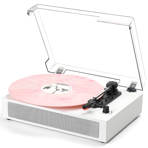 Vinyl Record Player Bluetooth Turntable with Built in Stereo Speakers Belt Drive 3 Speeds Turntables for Vinyl Records Support RCA Output Aux in/Out Auto Stop White Wood