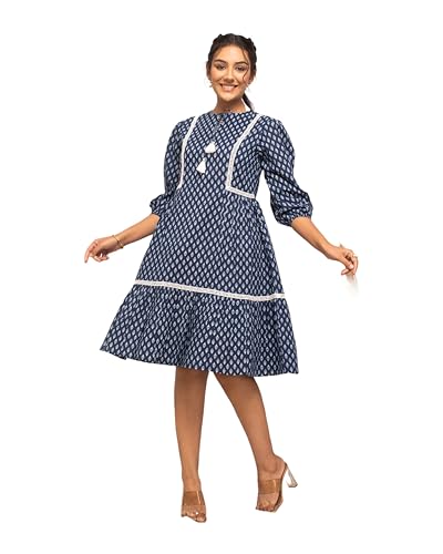 Image of FIORRA Women's Blue Cotton Floral Printed Dress