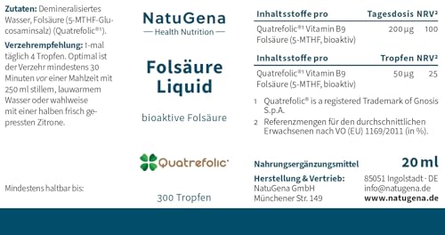 NatuGena Folsäure Liquid, Vitamin B9 Quatrefolic Folsäure in flüssiger Formulierung (Tropfen), bioaktive Folsäure als Methyltetrahydrofolat (5-MTHF), 20 ml / 300 Tropfen (75 Tage Packung)