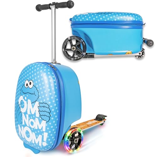 Travel Totes Barrio Sésamo   Maleta para patinete para niños – Equipaje de mano ligero rígido con patinete plegable y ruedas LED, Azul, Cookie Monster