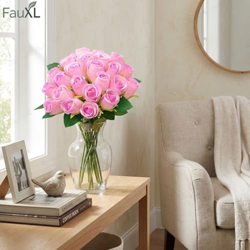 Image of Set of 24 Pcs Artificial Rose Flowers Bunches for Vase - Home Decoration Gift Items for Living Room Corner Table Top Bedroom Wedding (Pot Not Included) - 24 CM (Pink-Purple)