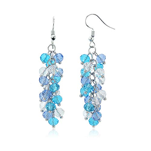 Gem Stone King 2 Inch Ocean Blue Cluster Faceted Crystal Dangle Hook Earrings For Women 2 Inch