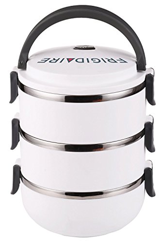 Frigidaire 3 Compartment Lunch Box Food Carrier Bento Box Stainless Steel Bowls Keeps Food Hot Vacuum Sealed Lids (White)