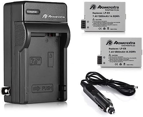Powerextra 2 Pack Replacement LP-E8 Battery 1900mAh and Charger for Canon LP E8 and Rebel T3i T2i T4i T5i 600D 550D 650D 700D Kiss X5 X4 Kiss X6 LC-E8E DSLR Digital Camera