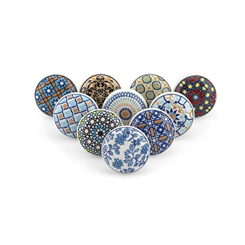 Craft Trade Sortiert Blau Türschrankknopf Boho Antik Keramik-Türknöpfe Kommode Schublade Zieht Hardware Knöpfe fur Küche Möbel Messing und Schrank - 10 Stück