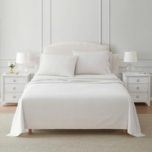 Image of Martha Stewart - King Size Sheets Set, Crisp & Tailored Cooling Sheets with a Naturally Smooth Cotton Percale Lightweight Feel - Bed Sheets with Matching Pillowcases & Fitted Sheet (Gingham Beige)