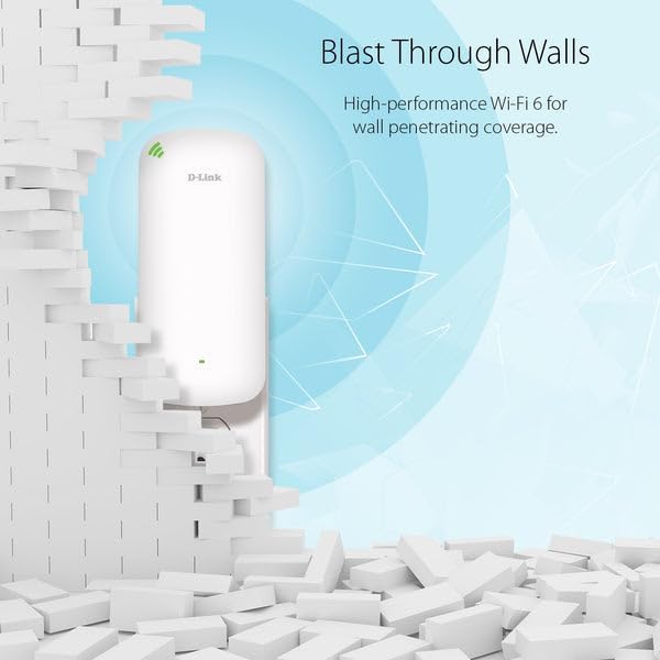 The D-Link AX1800 Mesh WiFi 6 Range Extender depicted breaking through a brick wall, symbolizing its wall-penetrating Wi-Fi 6 coverage.