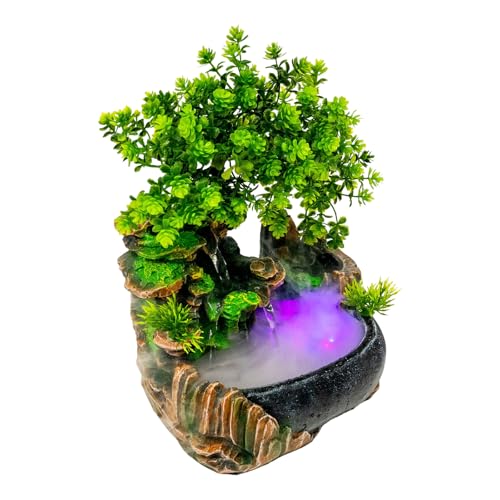Zimmerbrunnen mit LED-Beleuchtung & Pflanzen-Deko [Tischbrunnen aus Resin] 20x15x28cm - Moderner Tischspringbrunnen mit 3 Wasserfällen, leiser Pumpe, Symbolik für Glück,für Büro/Wohnzimmer/Meditation
