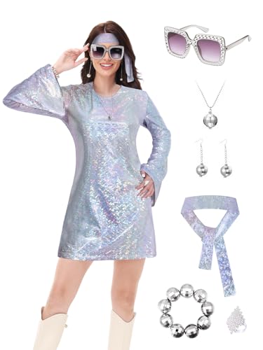FEELJAM 70er Jahre Disco Outfits Damen Vintage Pailletten Go Dance Kleid Kostüm Glänzendes Disco-Kleid für 70er Jahre Motto-Party