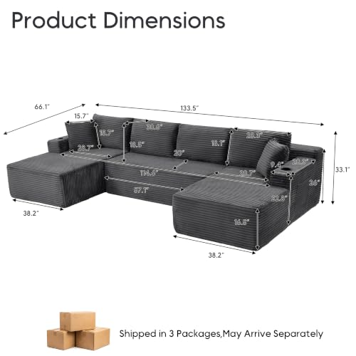 Image of 133 inch Oversized Cloud Boneless Sofa Couch with Chaise, Modern Corduroy U Shaped Modular Sectional Sofa with Deep Seat, Comfy Couch with Cupholders and Storage, No Assembly Required-Grey