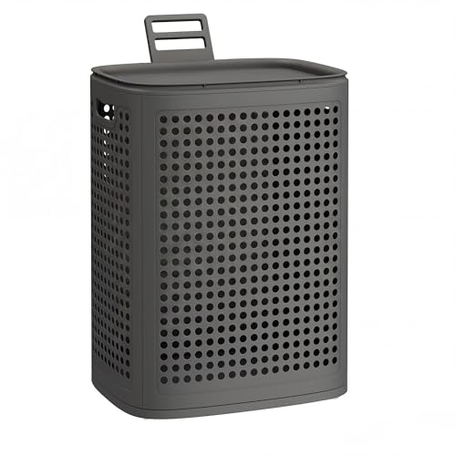 SONGMICS Wäschekorb mit Deckel Wäschesammler Plastik 75 L Wäschetonne schmal Wäschebox platzsparend für Badezimmer Waschküche Schlafzimmer dunkelgrau RLH021G101