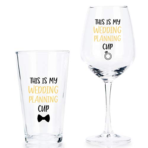 This is My Wedding Planning Cup, Beer Glass and Wine Glass Set for Him Her Couples Newlyweds Engagement Party Wedding Valentine's Day, Novelty Wedding Gift Idea for Bride and Groom, 15Oz (Set of 2)