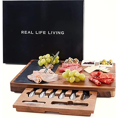 Real Life Living Charcuterie Board Acacia Wood Käsebrett mit Serviertablett für Hochzeit, Einzug Geschenk (Wurstwaren- und Käsebrett-Set) (rechteckig) Geschenkset Cover