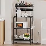 LunarLight キッチンベイカーラック 幅57×奥行39.2×高さ133cm キッチンラック レンジラック オープンラック プリンター台 2口コンセント付き 棚板レールでスライド式 総耐荷重100kg レンジ炊飯器など対応 S字フック ストッパーキャスター アジャスト付き 耐震転倒防止 強度安定 錆び防止 耐摩耗性 防水性 耐熱性機能 (ブラックBK, スモールS)