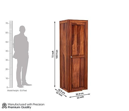 Image of Sheesham Wood Wooden Single Door Wardrobe Organizer for Clothes | - Solid Wood Almirah with 5 Shelves - Cupboard for Large Bedroom (Design 27)