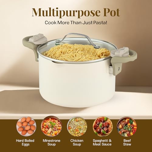 Gotham Steel 8 Qt Large Ceramic Stock Pot for Cooking, Multipurpose Pasta Pot with Strainer Lid for Spaghetti, Soup, Rice, Large Cooking Pots with Lids and Twist & Lock Handles, Dishwasher Safe