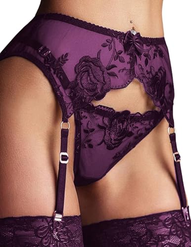 Ensemble porte-jarretelles et string pour femme sexy en dentelle, ensemble de lingerie avec jarretelles transparentes, jarretières avec 4 clips métalliques...