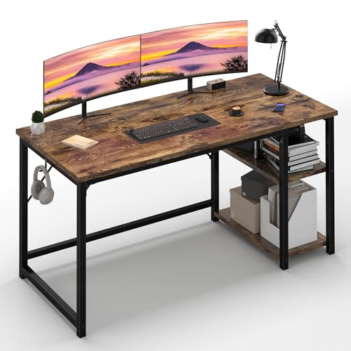 JUMMICO Bureau avec 2 Étagères Réglable 140cm, Bureau d‘Ordinateur avec Rangement, Structure Acier Solide, Postes de Travail Réversible à Gauche et à Droite, Marron Rustique