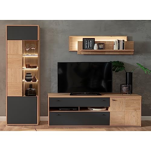 Lomadox Wohnwand Anbauwand Eiche Bianco teilmassiv 3-teilig Modern, 1 Vitrine, 1 Wandboard, 1 TV-Lowboard inkl. LED-Beleuchtung Lomadox Wohnwand Anbauwand Eiche Bianco teilmassiv 3-teilig Modern, 1 Vitrine, 1 Wandboard, 1 TV-Lowboard inkl. LED-Beleuchtung