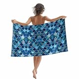 Joyinmory Beach Towel Blue Mermaid Scales Bath Pool Towels Gold Waves Lines Soft Absorbent Beach Towels Large Quick Dry Lightweight Camping Travel Yoga Gym Swim Towels for Adult Kids 35x70 Inch