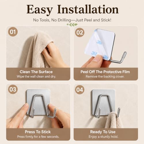 Image of HASTHIP 4 Pack Self Adhesive Coat Hooks Double Wall Hooks for Home Use
