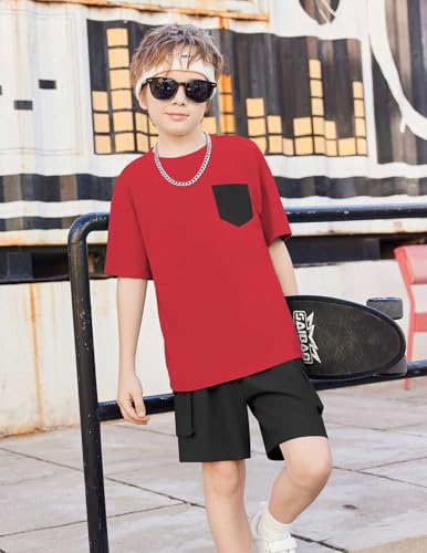 Image of Arshiner Boys' 2-Piece Cotton Outfit Short Sleeve Crewneck T-Shirt & Cargo Shorts Set Summer Casual Clothes for Kids 5-13