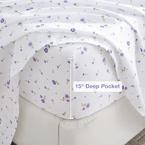 Image of Softan Purple Floral King Bed Sheet Set, Cozy Microfiber Patterned Fitted Sheets with 15 inch Deep Pocket & Non-Slip Straps, Cute Purple Flower Printed Sheets & Pillowcase Set King