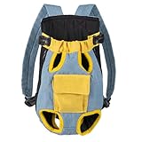 FEESHOW Leg Out Front Dog Cat Carrier Bag Adjustable Easy-fit Puppy Backpack for Biking Hiking and Camping Blue Yellow Medium