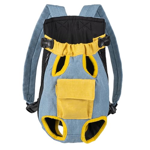 FEESHOW Leg Out Front Dog Cat Carrier Bag Adjustable Easy-fit Puppy Backpack for Biking Hiking and Camping Blue Yellow Medium