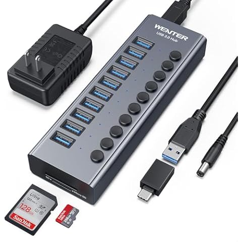 Powered USB 3.0 Hub, Wenter 10 Ports 36W Powered USB Hub, Aluminum USB Splitter with Individual On/Off Switches, SD/TF Card Readers and 12V/3A Power Adapter for PC/Laptops/MacBook Pro/Air/iMac/iPad Cover