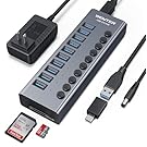 WENTER Hub USB 3.0 con alimentación, 10 Puertos 36 W, Divisor USB de Aluminio con interruptores Individuales de Encendido/Apagado, lectores de Tarjetas SD/TF y Adaptador de Corriente de 12 V/3 A para