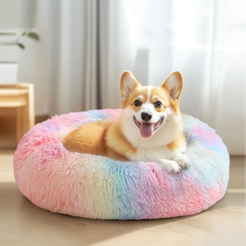 Image of JOLLYVOGUE Calming Dog Beds Extra Large Sized Dog, 45in Donut Washable Large Pet Bed, Anti-Slip & Anti-Anxiety Fluffy Faux Fur Round Dogs Bed, Fits up to 125 lbs Pets (Rainbow)