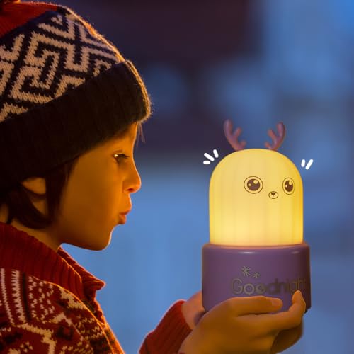 Image of QANYI Little Deer Night Light, Portable Silicone Color Changing Elk Animal Lamps, Rechargeable Bedside Dimmable Lamp for Breastfeeding, Easter Gifts Ideal for Toddler Baby Kids Blue Decor Purple