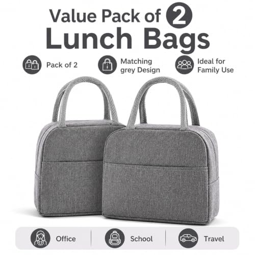 Image of Milton Reusable Lunch Bag Set of 2 with Thermal Lining, Large Capacity Food Carrier for Office School Travel Picnic and Outdoor Activities, (Grey,Grey