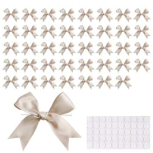 UYXiNONE 50 Stück vorgefertigte Schleifen 9 x 8 cm mit Klebepunkten Selbstklebende Satinbandschleifen für Geschenkverpackungen Hochzeitsdekoration Christbaumschmuck (Champagner)