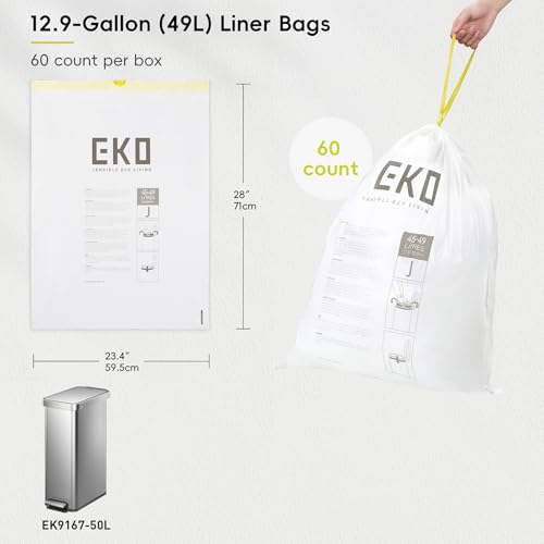Image of EKO 12.9 Gallon / 45-49 Liter, 60 Count Drawstring Trash Bags, Extra-Strong Unscented Garbage Bags, Easy-Dispense Roll for Kitchen & Household Use, Resists Tears, Leaks and Punctures, Code J, White