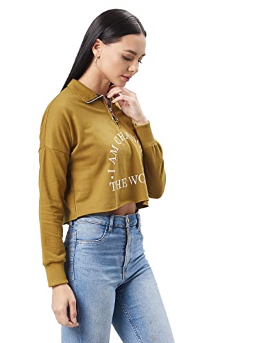 Image of Dolce Crudo Women's Olive Round Neck Full Sleeve Solid Boxy Printed Crop Sweatshirt